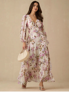 Nelia Floral Maxi Dress - front full-length shot, pink and lilac floral on cream - Miss Mosa By Akanksha