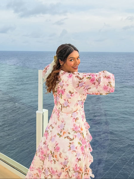 Nelia Floral Maxi Dress - back three-quarter shot, pink and lilac floral on cream - Miss Mosa By Akanksha