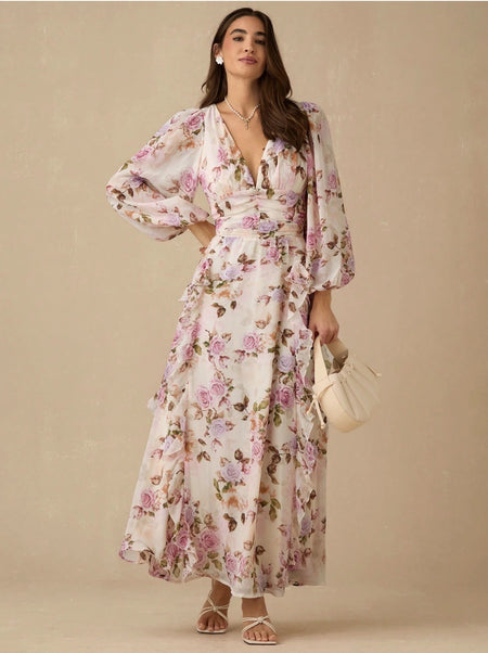 Nelia Floral Maxi Dress - front full-length shot, pink and lilac floral on cream - Miss Mosa By Akanksha
