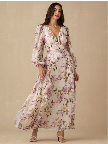 Nelia Floral Maxi Dress - front full-length shot, pink and lilac floral on cream - Miss Mosa By Akanksha