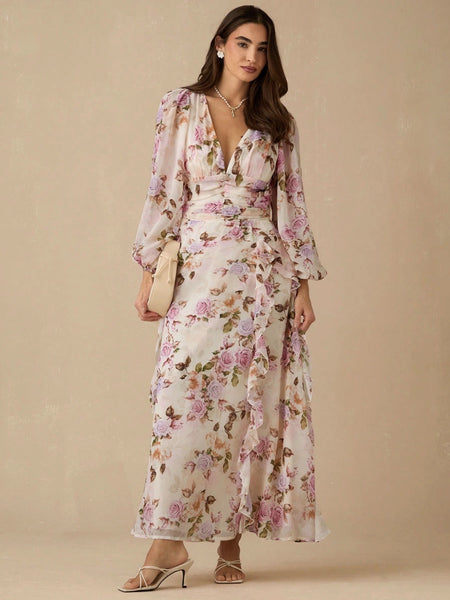 Nelia Floral Maxi Dress - front shot, pink and lilac floral on cream - Miss Mosa By Akanksha
