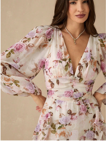 Nelia Floral Maxi Dress - bodice close-up shot, pink and lilac floral on cream - Miss Mosa By Akanksha