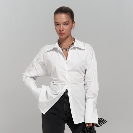 Nelli Statement Formal Shirt In White - front shot on model - Miss Mosa By Akanksha