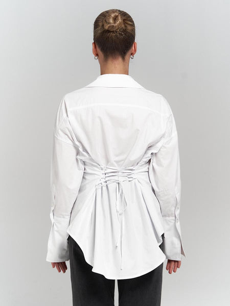 Nelli Statement Formal Shirt In White - back shot on model showing lace-up tie - Miss Mosa By Akanksha
