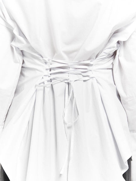 Nelli Statement Formal Shirt In White - close-up of back lace-up detail - Miss Mosa By Akanksha