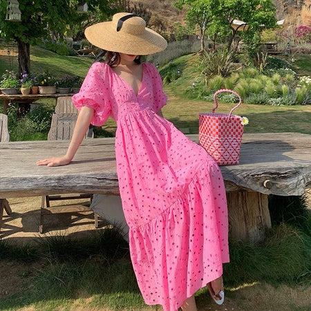 Nelly Summer Maxi Dress in Pink - lifestyle shot on model, pink - Miss Mosa By Akanksha