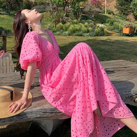 Nelly Summer Maxi Dress in Pink - lifestyle shot on model, pink - Miss Mosa By Akanksha