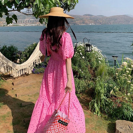 Nelly Summer Maxi Dress in Pink - back shot on model, pink - Miss Mosa By Akanksha