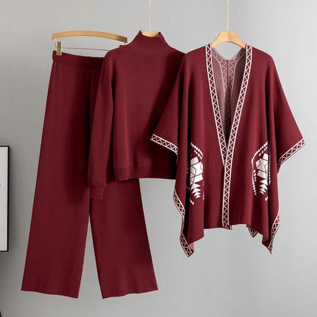 Nelya Luxe Winter Coord Set- With Cape - flat-lay shot of coord set on hangers, wine - Miss Mosa By Akanksha