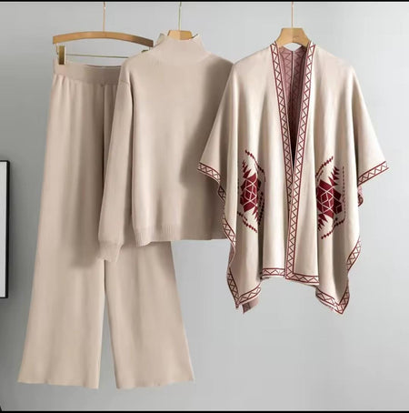 Nelya Luxe Winter Coord Set- With Cape - flat-lay shot of coord set on hangers, beige and wine - Miss Mosa By Akanksha