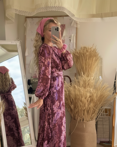 Nelya Printed Maxi Dress - side shot, burgundy with lilac floral print - Miss Mosa By Akanksha