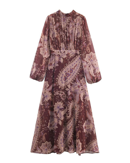 Nelya Printed Maxi Dress - flat-lay shot, burgundy with lilac paisley floral print - Miss Mosa By Akanksha