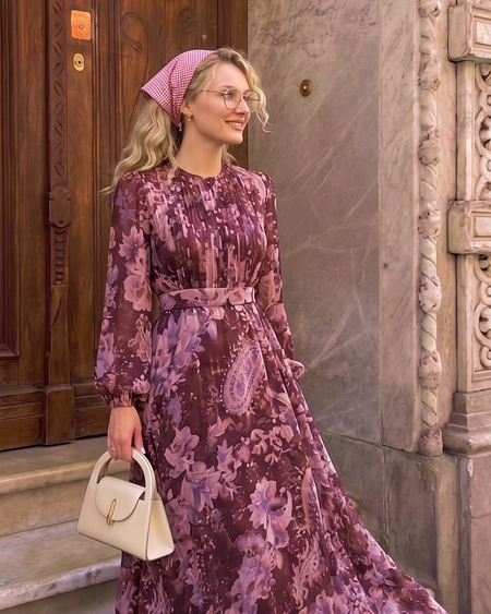 Nelya Printed Maxi Dress - front three-quarter shot, burgundy with lilac paisley floral print - Miss Mosa By Akanksha