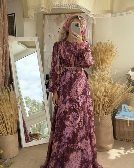 Nelya Printed Maxi Dress - front full-length shot, burgundy with lilac paisley floral print - Miss Mosa By Akanksha