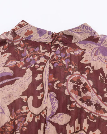 Nelya Printed Maxi Dress - back neckline detail shot, burgundy with lilac paisley floral print - Miss Mosa By Akanksha