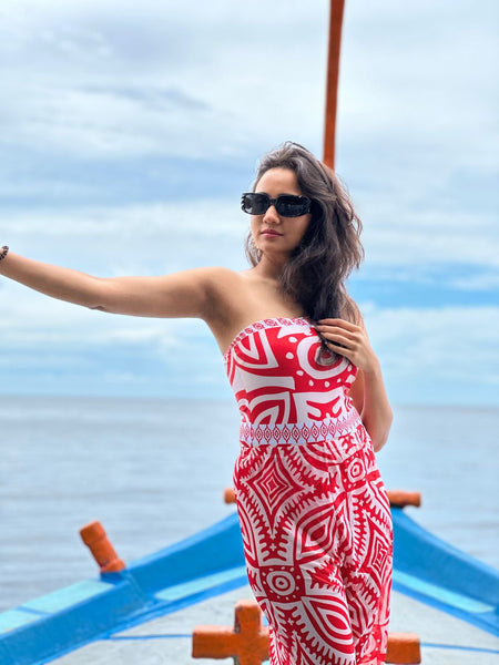 Nemo Swimsuit With Pants In Red - side shot on model - Miss Mosa By Akanksha