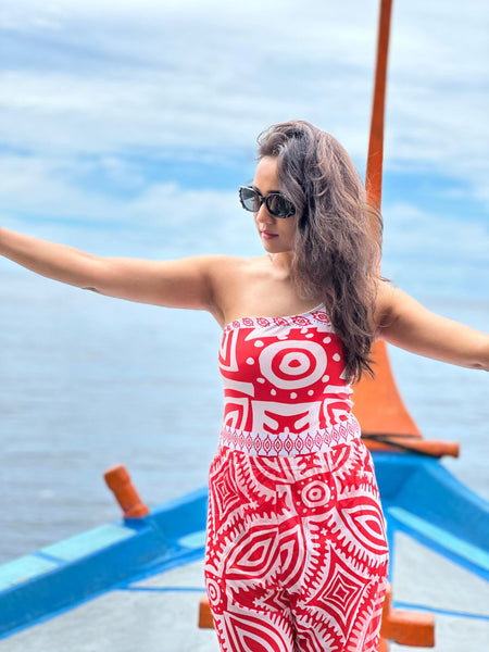 Nemo Swimsuit With Pants In Red - front shot on model - Miss Mosa By Akanksha