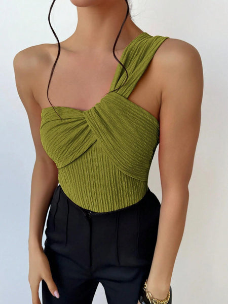 Neo One Shoulder Bodysuit In Green - front shot on model - Miss Mosa By Akanksha