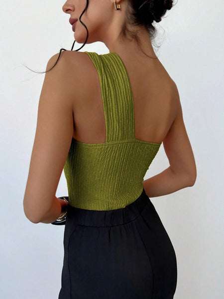 Neo One Shoulder Bodysuit In Green - back shot on model - Miss Mosa By Akanksha