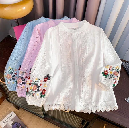 Nera Statement Summer Top - flat-lay product shot of layered embroidered blouses, white and pastels - Miss Mosa By Akanksha
