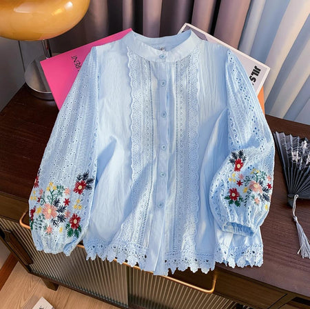 Nera Statement Summer Top - flat-lay product shot of the embroidered blouse, light blue - Miss Mosa By Akanksha