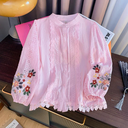 Nera Statement Summer Top In Light Pink - flat-lay product shot of embroidered lace blouse - Miss Mosa By Akanksha
