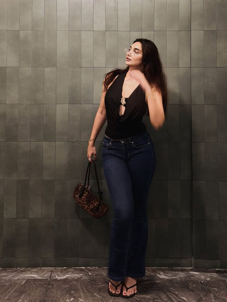 Neva Halterneck With Bralette Top In Black - full-length front shot on model - Miss Mosa By Akanksha