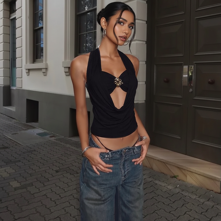 Neva Halterneck With Bralette Top In Black - front shot on model outdoors - Miss Mosa By Akanksha