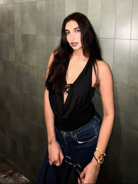 Neva Halterneck With Bralette Top In Black - front shot on model - Miss Mosa By Akanksha
