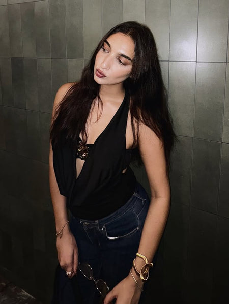 Neva Halterneck With Bralette Top In Black - front shot on model - Miss Mosa By Akanksha