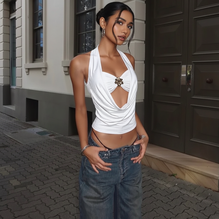 Neva Halterneck With Bralette Top In White - front shot on model on the street - Miss Mosa By Akanksha