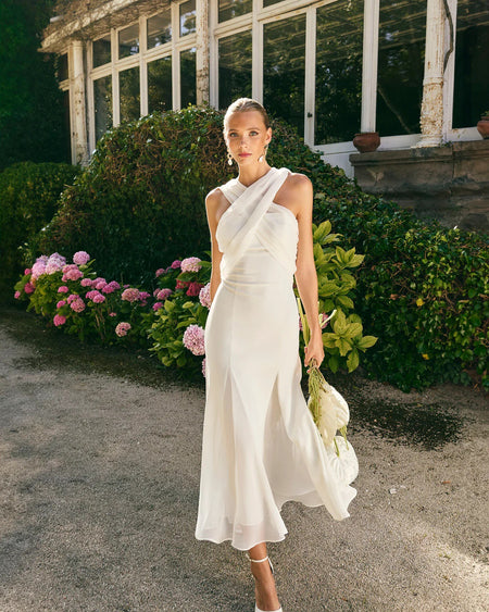 Nicolas Premium Midi Dress - full-length shot, white - Miss Mosa By Akanksha