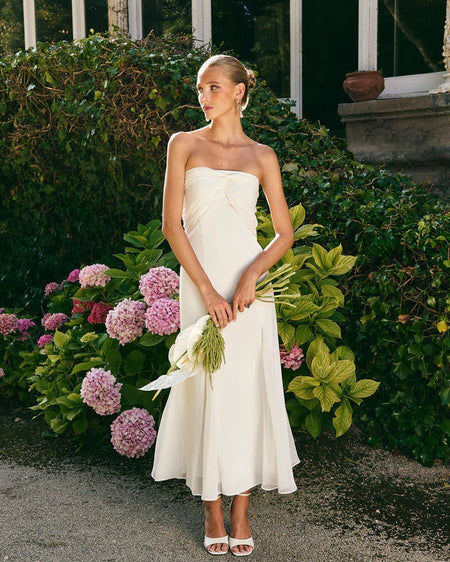 Nicolas Premium Midi Dress - full-length shot, white - Miss Mosa By Akanksha