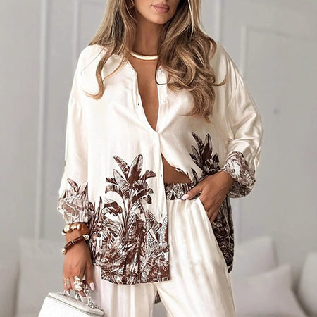 Nicolas Printed Coord Set - front shot, cream with brown tropical print - Miss Mosa By Akanksha