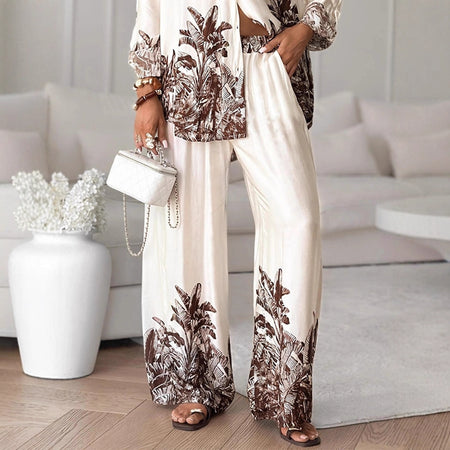 Nicolas Printed Coord Set - three-quarter shot, cream with brown tropical print - Miss Mosa By Akanksha