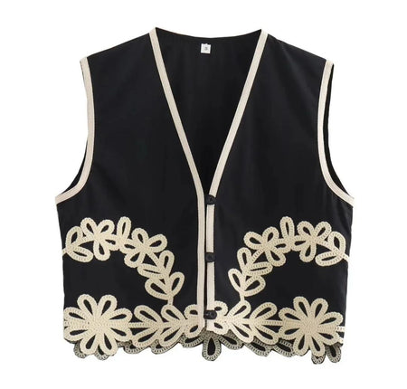 Nimo Embroidered Summer Coord In Black - front flat-lay product shot of waistcoat - Miss Mosa By Akanksha