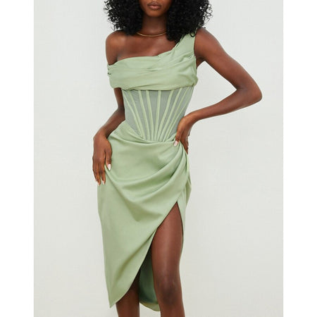 Nina Luxe Swimsuit With Skirt In Green - front shot on model - Miss Mosa By Akanksha