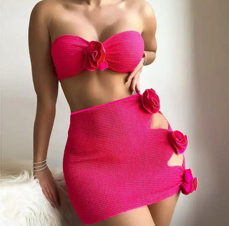 Nina Rosette Bikini With Skirt In Pink - front shot on model - Miss Mosa By Akanksha