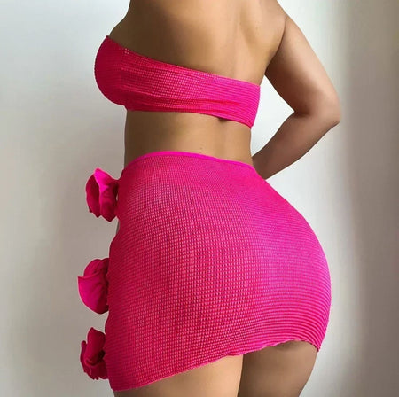 Nina Rosette Bikini With Skirt In Pink - front flat-lay product shot - Miss Mosa By Akanksha