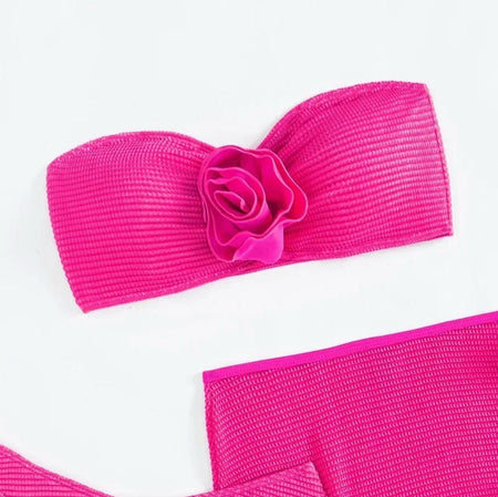 Nina Rosette Bikini With Skirt In Pink - close-up of rosette flower detail - Miss Mosa By Akanksha