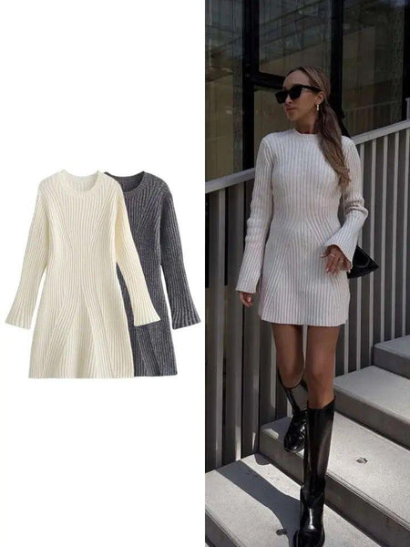 Nina Woolen Short Knit Dress - flat-lay shot with styled comparison, cream and grey - Miss Mosa By Akanksha