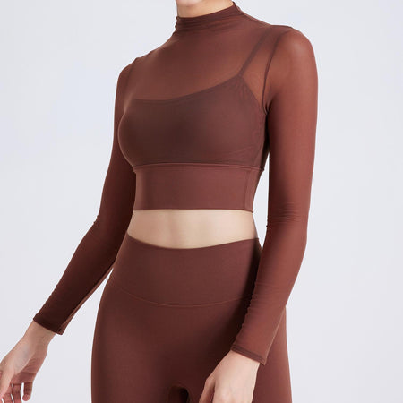 Niro Activewear Set In Brown - close-up of crop top on model - Miss Mosa By Akanksha