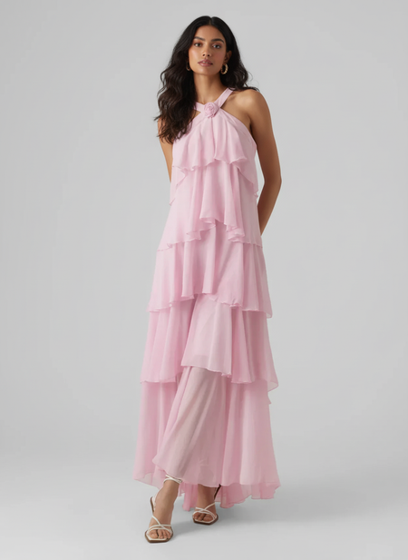 Nitsy Ruffled Maxi Dress In Pink - full-length front shot on model - Miss Mosa By Akanksha