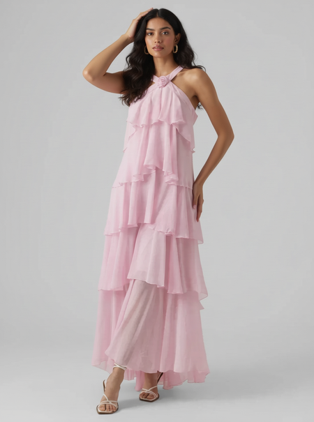 Nitsy Ruffled Maxi Dress In Pink - full-length side shot on model - Miss Mosa By Akanksha