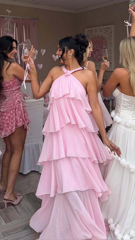Nitsy Ruffled Maxi Dress In Pink - back shot on model at celebration - Miss Mosa By Akanksha