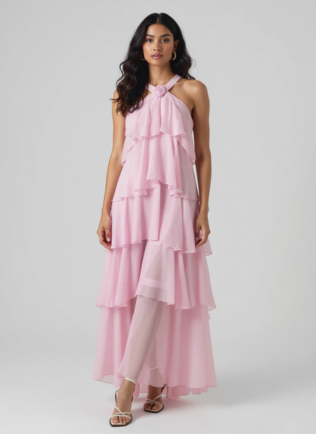 Nitsy Ruffled Maxi Dress In Pink - full-length front shot on model - Miss Mosa By Akanksha