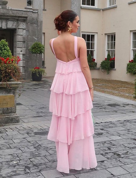 Nitsy Ruffled Maxi Dress In Pink - back shot on model outdoors - Miss Mosa By Akanksha