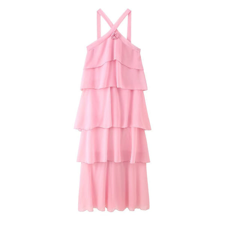 Nitsy Ruffled Maxi Dress In Pink - flat-lay product shot - Miss Mosa By Akanksha
