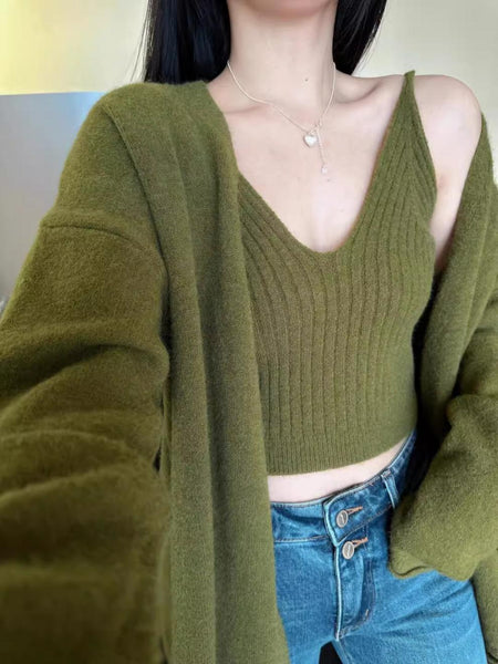 Nixie Statement Woolen Tops with Cape Style Sweater - close-up of cami neckline on model, olive green - Miss Mosa By Akanksha