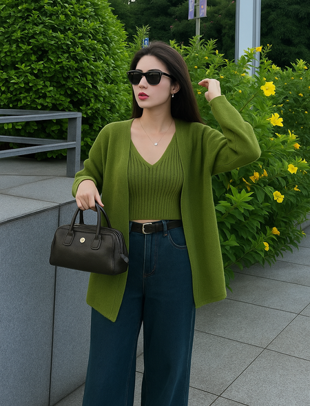 Nixie Statement Woolen Tops with Cape Style Sweater - front shot on model outdoors, olive green - Miss Mosa By Akanksha
